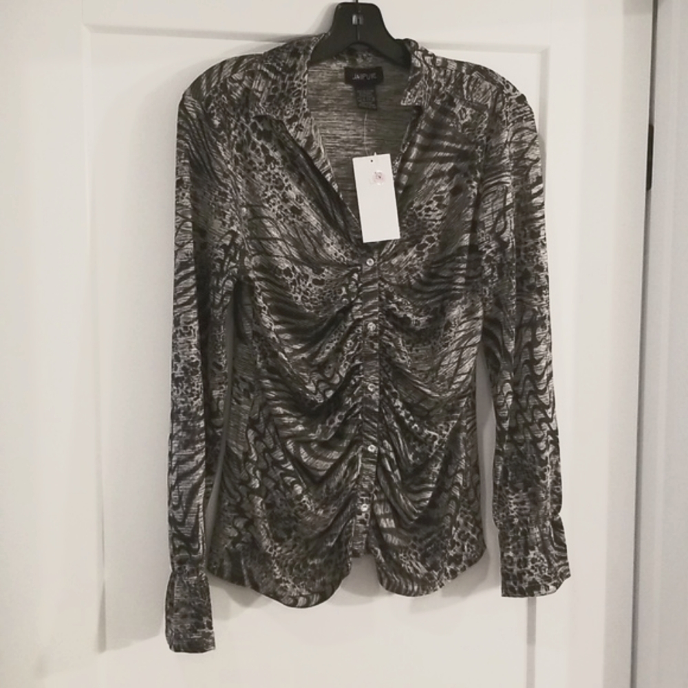 Jaipur Animal Print Black With Shimmer Silver Long Sleeve Button Top New Size L